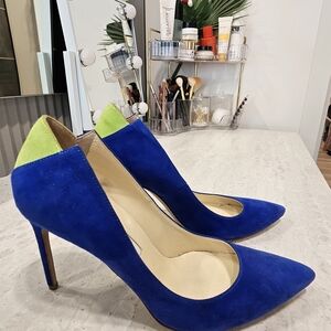Brian Atwood Cobalt Blue Suede Pointed-Toe Pumps with Lime Heel Collar